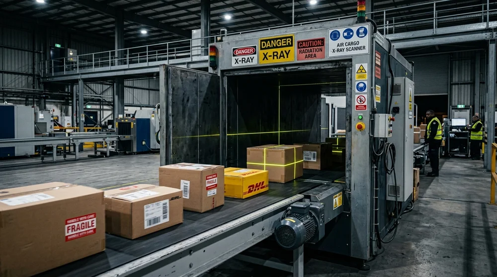 Przemysłowy skaner rentgenowski RTG przesyłek lotniczych w terminalu cargo