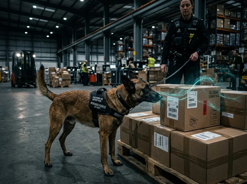 Pies służbowy K9 podczas inspekcji zapachowej paczek w terminalu logistycznym