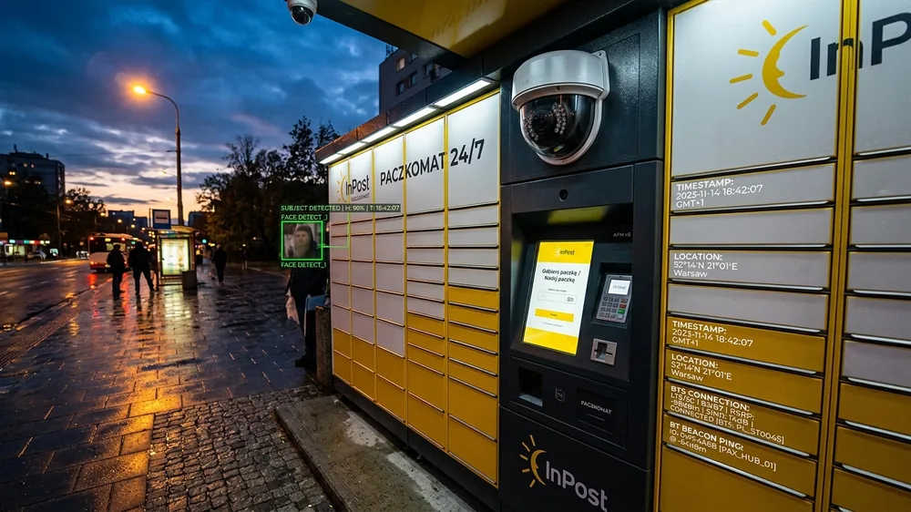 Cyfrowy monitoring CCTV Paczkomatu z detekcją twarzy, logowaniem BTS i beaconem Bluetooth